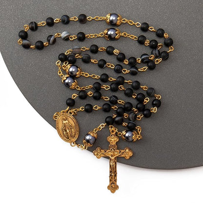 Black Matte Stone Rosary Necklace with Pearl Beads Miraculous Medal & Cross