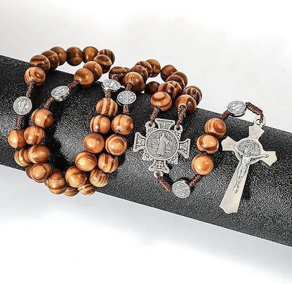 Wood Beads Rosary St. Benedict Solid Prayer Chaplet Silver Jesus Crucifix & Saint Medal - Nazareth Store