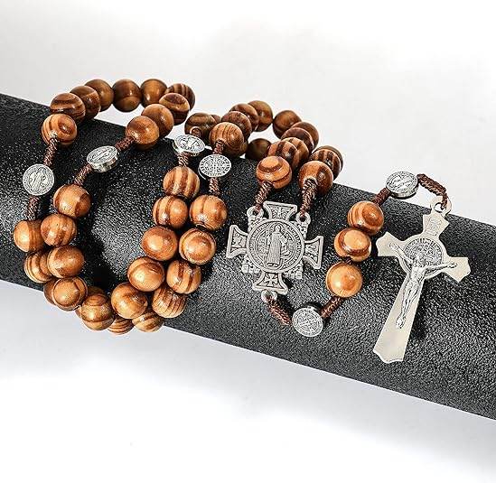 Wood Beads Rosary St. Benedict Solid Prayer Chaplet Silver Jesus Crucifix & Saint Medal - Nazareth Store