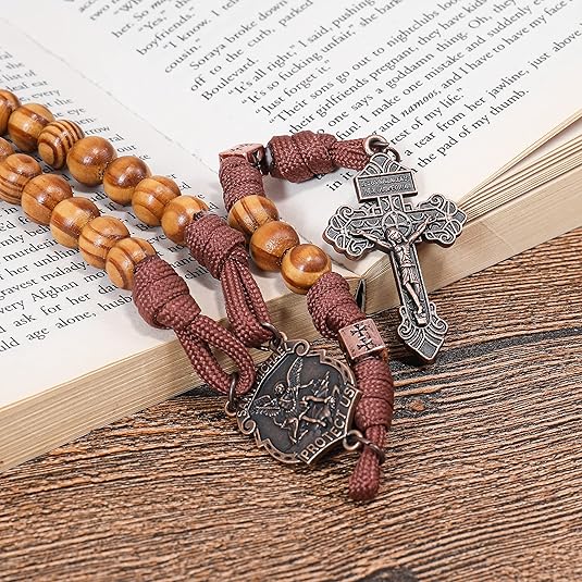 Strong Corded Wooden Beads Paracord Rugged Rosary Necklace with St.Michael Medal and Pardon Crucifix Nazareth Store