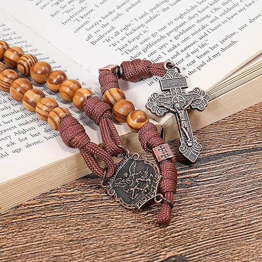 Strong Corded Wooden Beads Paracord Rugged Rosary Necklace with St.Michael Medal and Pardon Crucifix - Nazareth Store