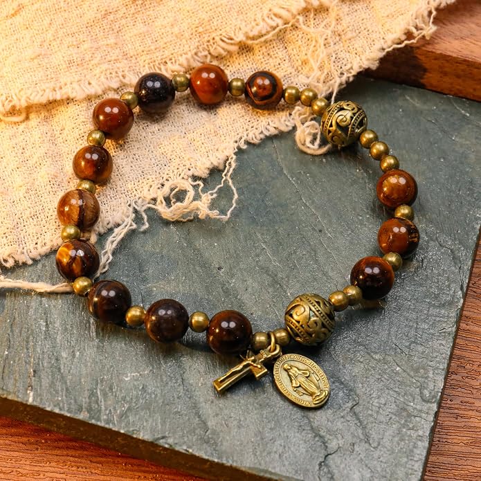 Brown Tiger Eye Rosary Bracelet Metal Separators with Miraculous Medal & Cross Wrist Jewelry (Copy)