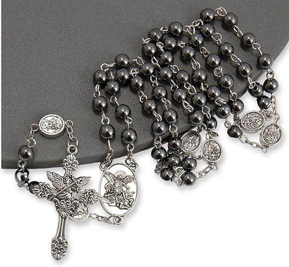 Hematite Rosary Necklace with Silver Archangel Medal & St. Michael Cross - Nazareth Store