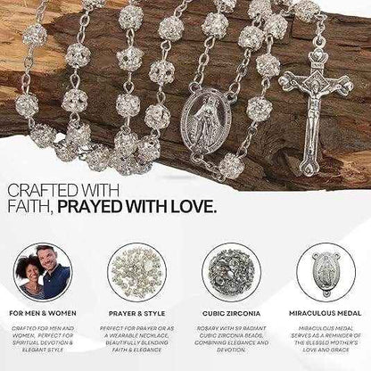Catholic Rosary Necklace Clear Zircon Beads with Miraculous Medal - Nazareth Store