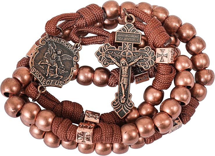 Strong Corded Antique Copper Beads Paracord Rugged Rosary Necklace with St.Michael Medal and Pardon Crucifix Nazareth Store