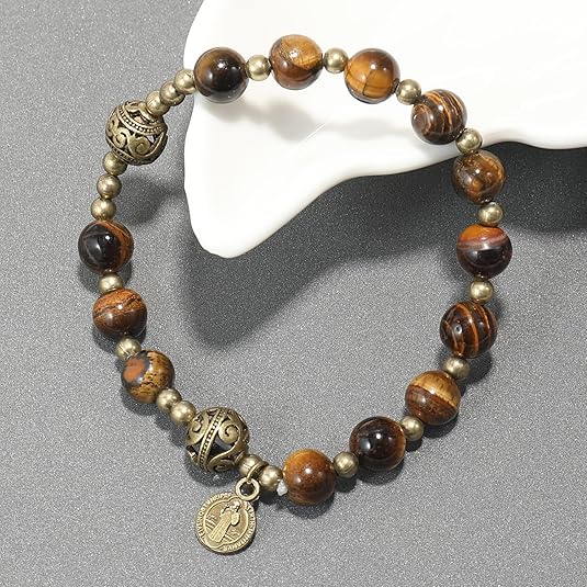 Tiger Eye Stone Beads Rosary Bracelet with Metal Separators and Catholic Miraculous Medal Nazareth Store