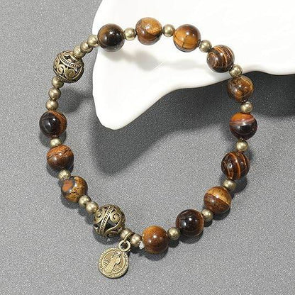Tiger Eye Stone Beads Rosary Bracelet with Metal Separators and Miraculous Medal - Nazareth Store