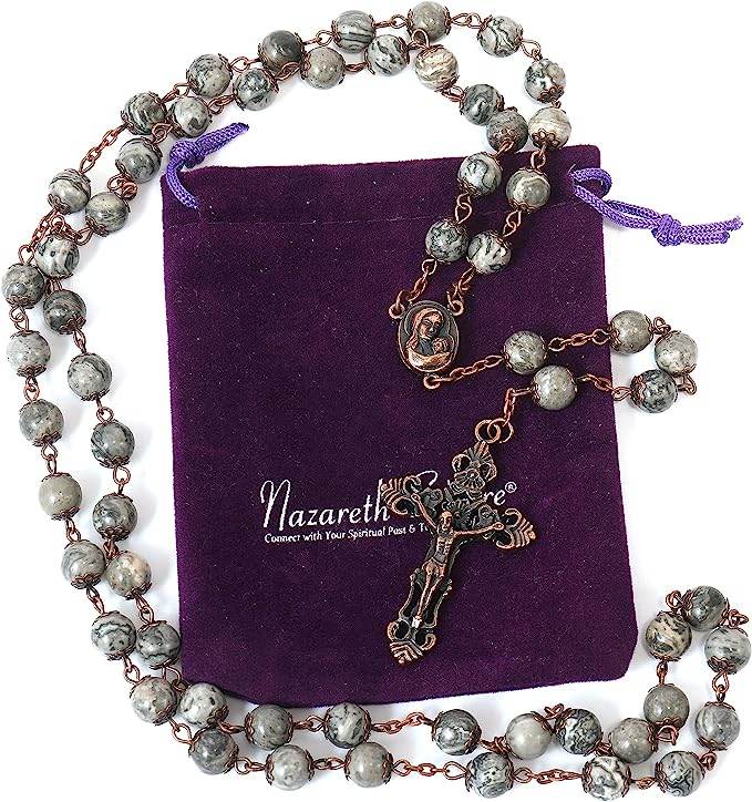 Map Stone Natural Stone Rosary Beads Necklace Holy Soil & Cross Crucifix - Nazareth Store