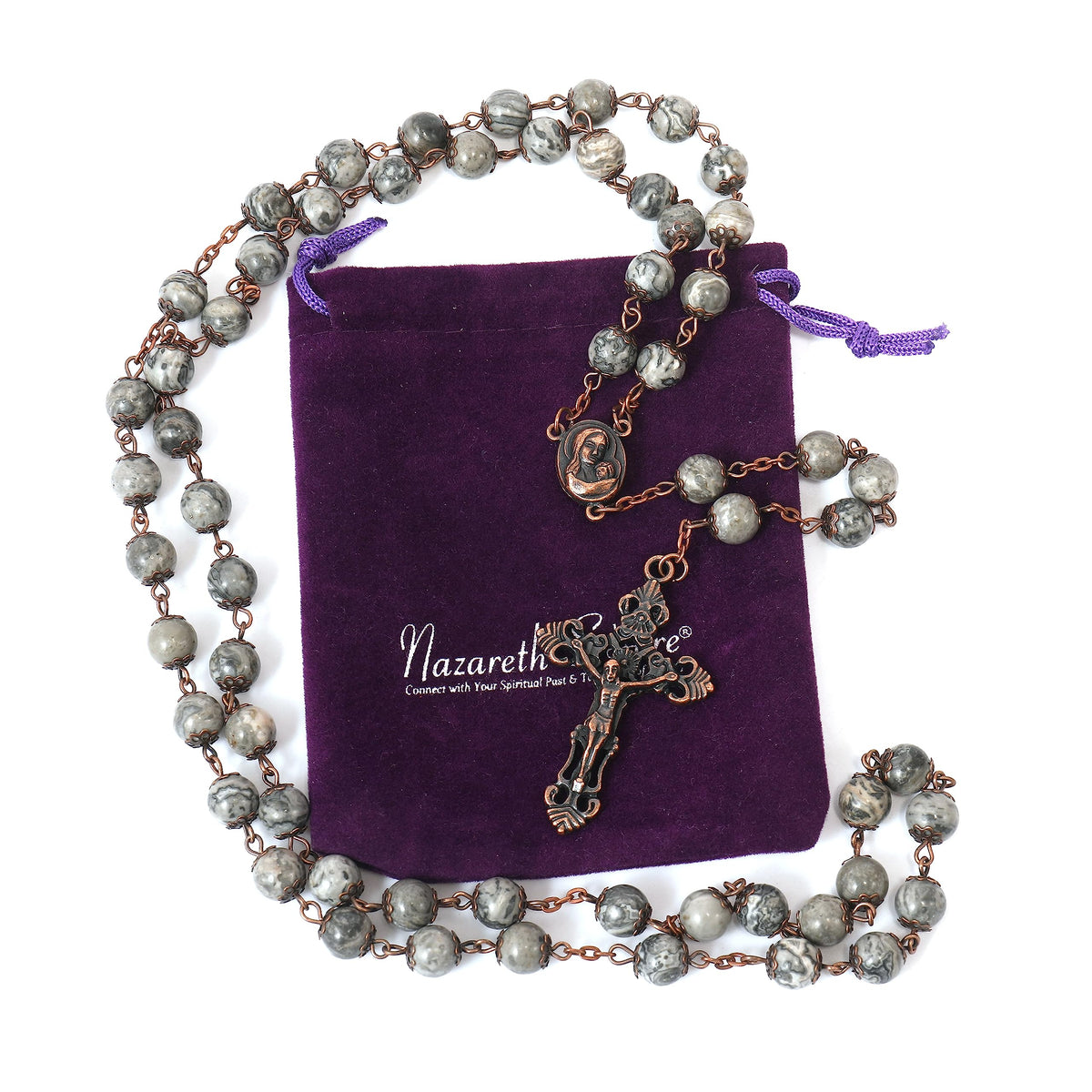 Map Stone Natural Stone Rosary Necklace with Holy Soil Medal & Crucifix Cross - Nazareth Store