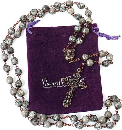 Map Stone Natural Stone Rosary Necklace with Holy Soil Medal & Crucifix Cross - Nazareth Store