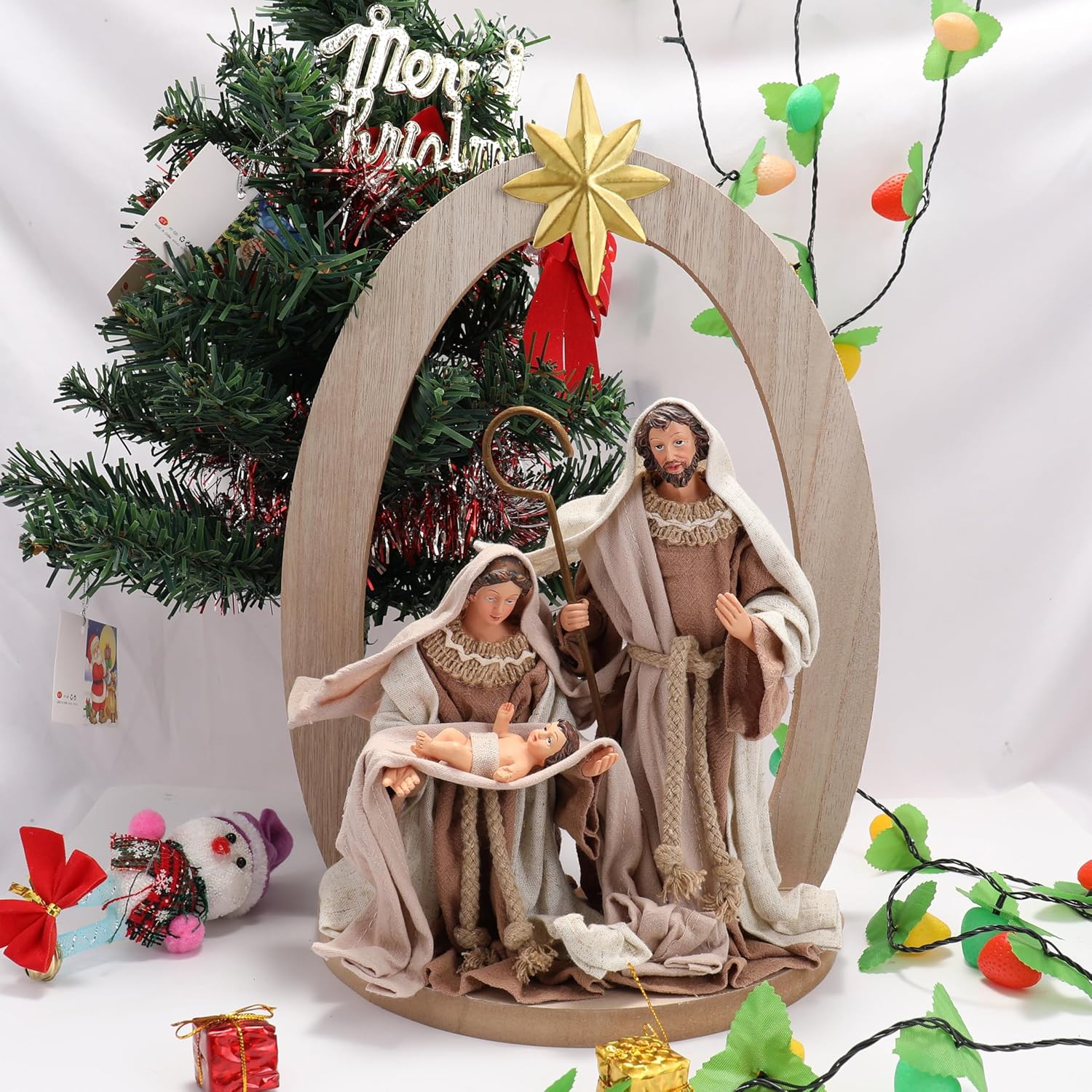 Pine Wood Nativity Set Holy Family in Cotton Fabric Clothes Resin Figurine Collection Christmas Holiday Decor Scene ((14.5 x 10 Inches)) Nazareth Store