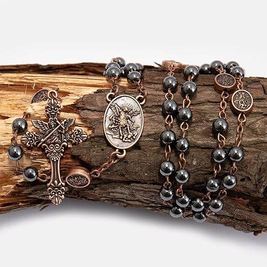 Hematite Rosary Necklace with Copper Archangel Medal & St. Michael Cross - Nazareth Store