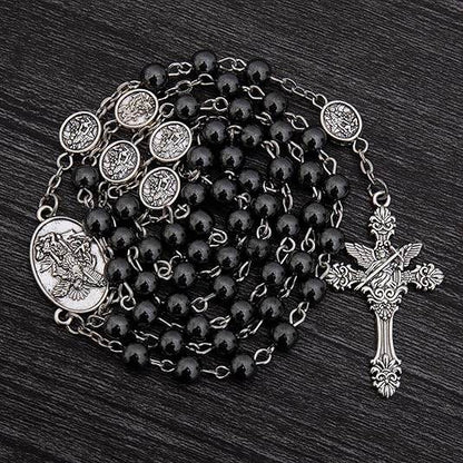 Hematite Rosary Necklace with Silver Archangel Medal & St. Michael Cross - Nazareth Store