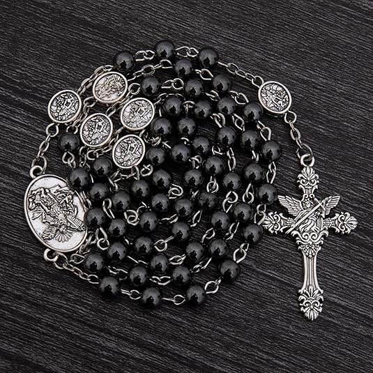 Hematite Rosary Necklace with Silver Archangel Medal & St. Michael Cross - Nazareth Store