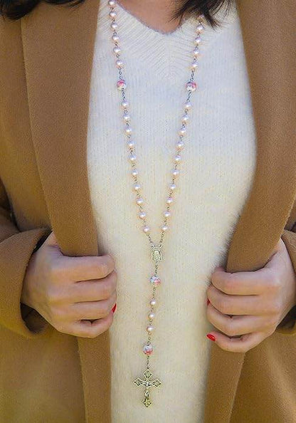 White Flowers Pink Pearl Rosary Beads Miraculous Medal & Cross Crucifix - Nazareth Store