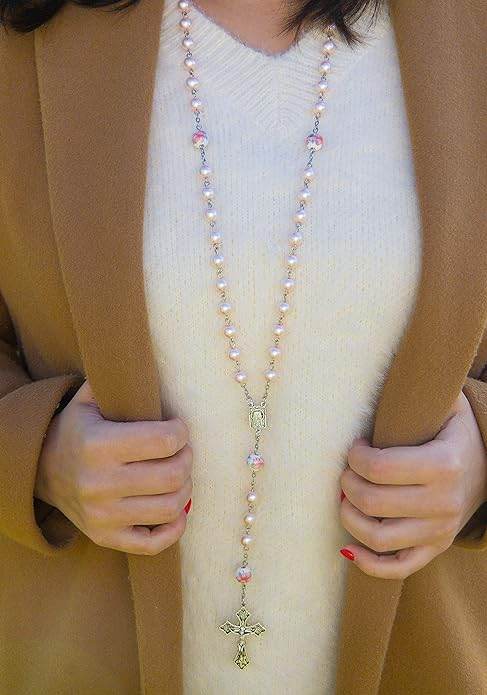 White Flowers Pink Pearl Rosary Beads Miraculous Medal & Cross Crucifix - Nazareth Store