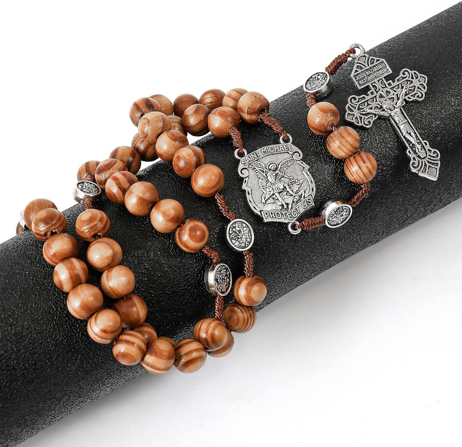St Michael Sacred Wood Beads Rosary Solid Wooden Prayer Chaplet with Silver Pardon Crucifix - Nazareth Store