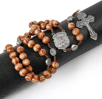 St Michael Sacred Wood Beads Rosary Solid Wooden Prayer Chaplet with Silver Pardon Crucifix - Nazareth Store