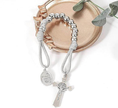 Strong Military One Decade Grey Paracord Rosary Silver Beads Pocket Car Rosary St. Joseph Medal & St. Benedict Cross - Nazareth Store