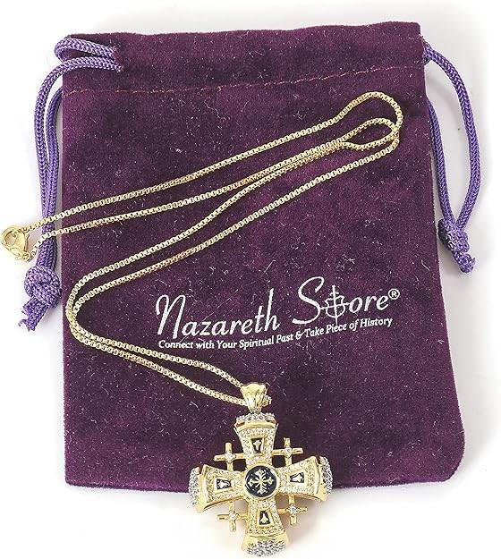 Blue Enamel Jerusalem Cross Pendant Necklace 18k Gold Plating Crystallized Stones Nazareth Store