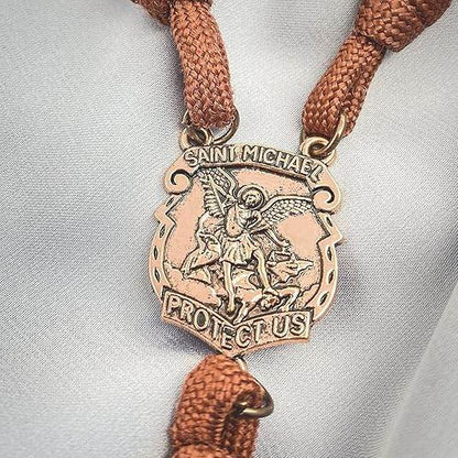 Rugged Cord Wooden Beads Paracord Rosary Necklace Red Bronze St Michael Medal - Nazareth Store