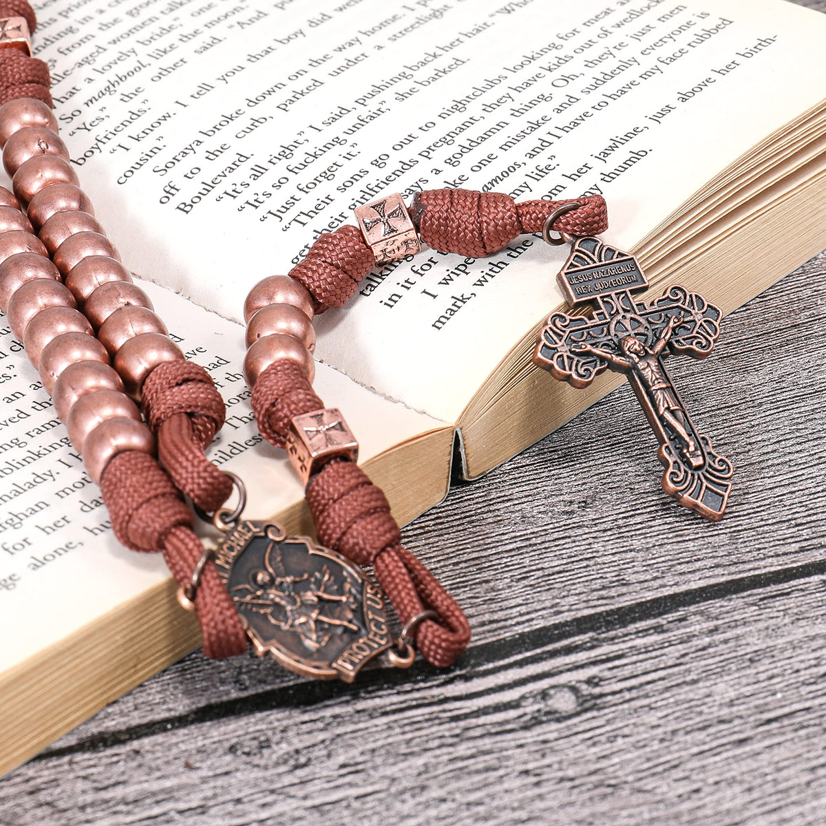 Strong Corded Antique Copper Beads Paracord Rugged Rosary Necklace with St.Michael Medal and Pardon Crucifix - Nazareth Store