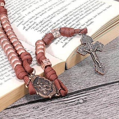 Strong Corded Antique Copper Beads Paracord Rugged Rosary Necklace with St.Michael Medal and Pardon Crucifix - Nazareth Store