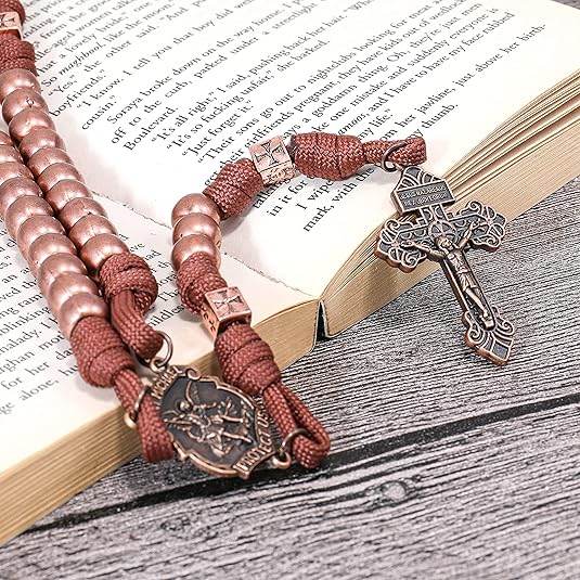 Strong Corded Antique Copper Beads Paracord Rugged Rosary Necklace with St.Michael Medal and Pardon Crucifix - Nazareth Store
