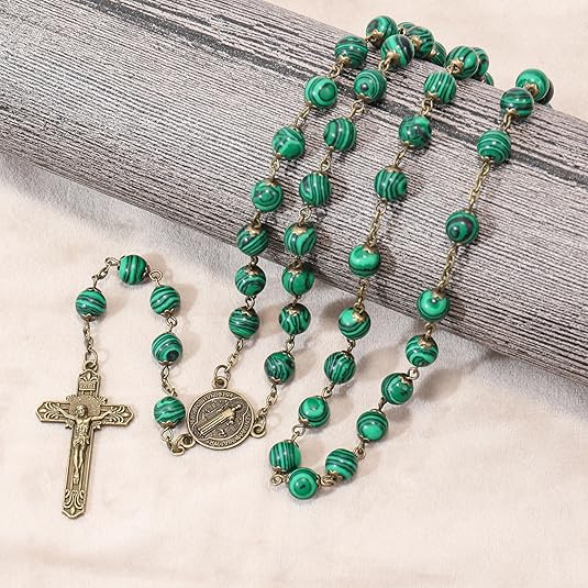 St. Benedict African Jasper Antique Bronze Rosary Necklace Genuine 8mm Stone Beads with Cross and Medal (Copy) Nazareth Store