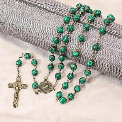 St. Benedict Malachite Antique Bronze Rosary Necklace Cross and Medal - Nazareth Store