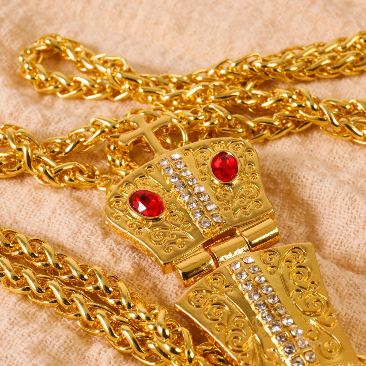 Orthodox Gold Plated Cross Necklace Red Stone Christian Crucifix Pendant