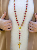 Red Rosary Beads Necklace with Saint Benedict Medal, Flower Mystery Bead, Miraculous Medal Locket, Cross Nazareth Store