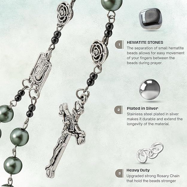 Green Pearl Beads Rosary Metal Mystery Roses with Hematite stones Necklace Nazareth Store