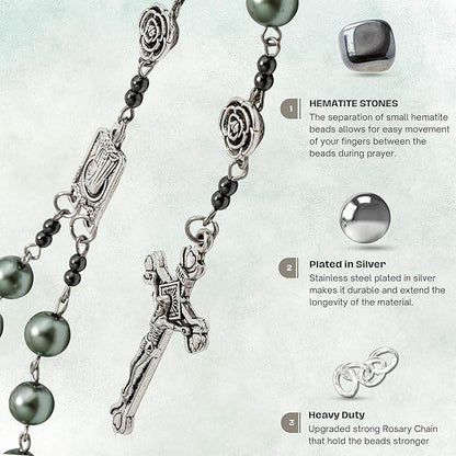 Green Pearl Beads Rosary Metal Mystery Roses with Hematite Stone Necklace - Nazareth Store