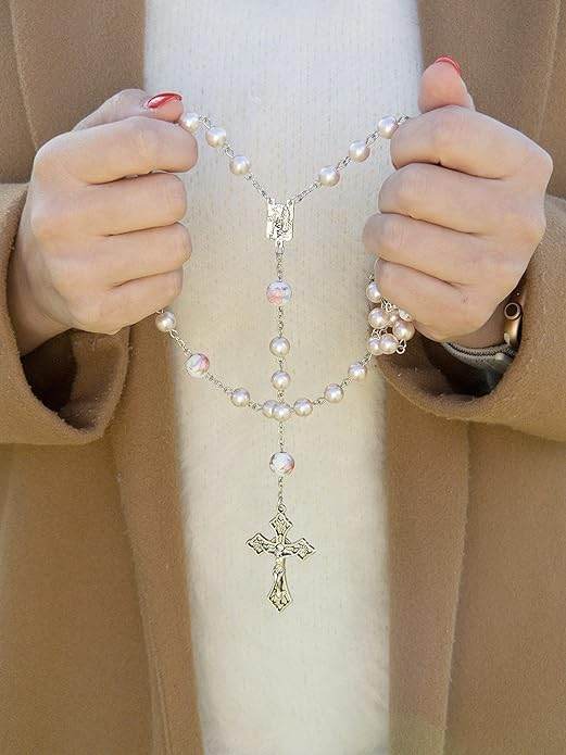 White Flowers Pink Pearl Rosary Beads Miraculous Medal & Cross Crucifix - Nazareth Store