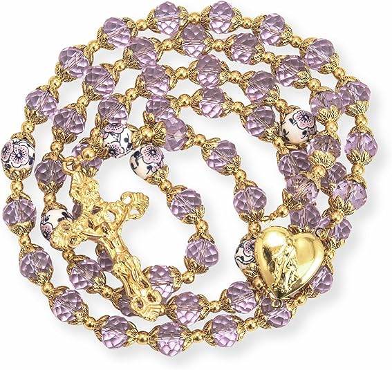 Crystal Beads Gold Flowers Beaded Rosary Necklace Miraculous Heart Locket Medal & Cross - Nazareth Store