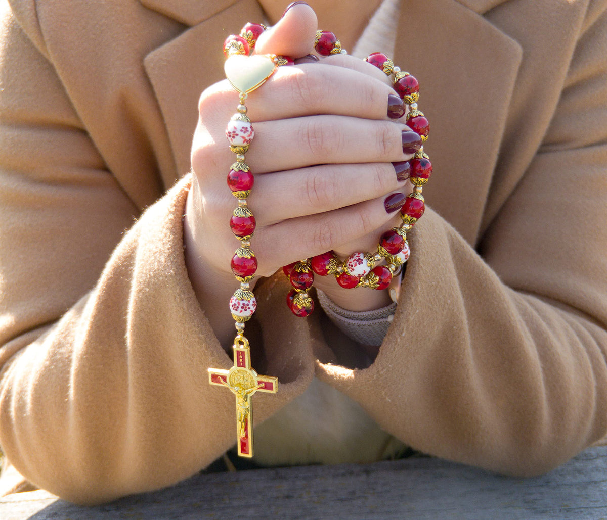 Red Rosary Beads Necklace with Saint Benedict Medal, Flower Mystery Bead, Miraculous Medal Locket - Nazareth Store