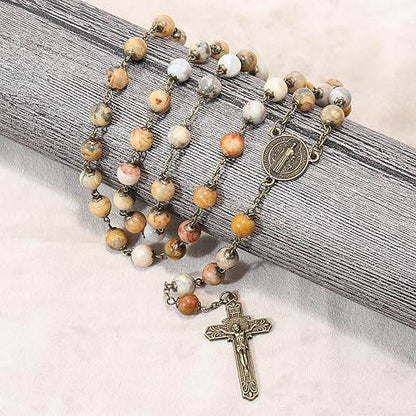 African Jasper Antique Bronze Rosary Necklace St. Benedict Cross and Medal - Nazareth Store