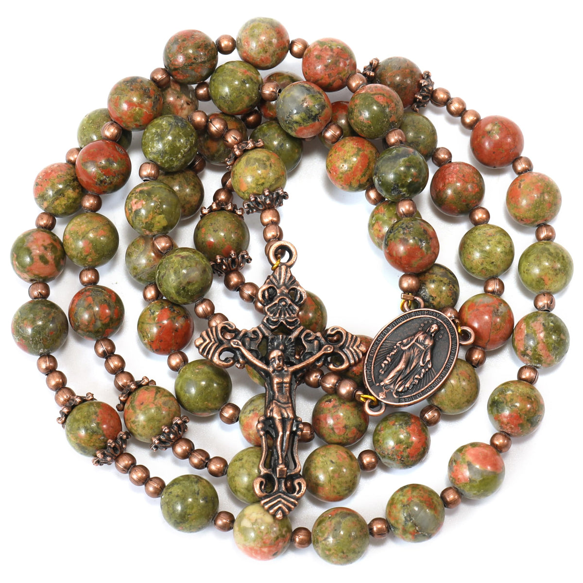 Natural Agate Green Flower Beads Rosary Necklace with Red Miraculous Medal with Cross - Nazareth Store