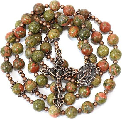 Natural Agate Green Flower Beads Rosary Necklace with Red Miraculous Medal with Cross - Nazareth Store