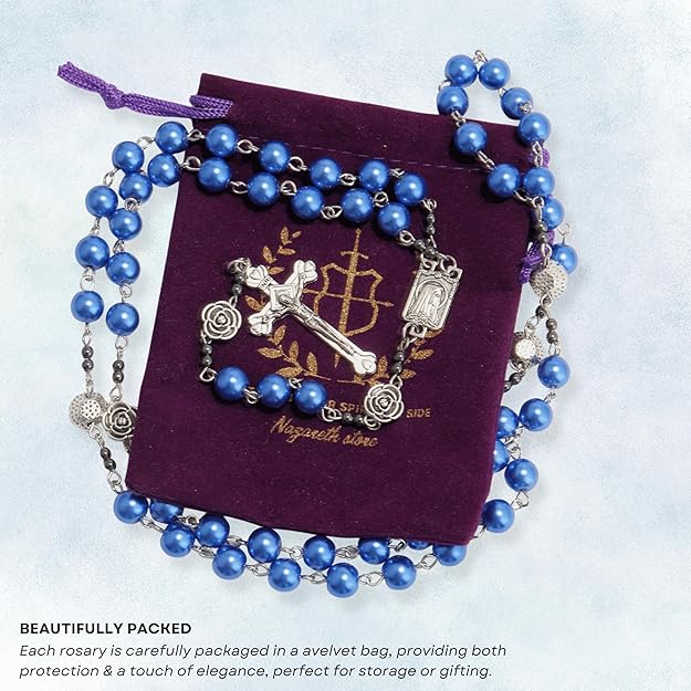Blue Pearl Beads Rosary Metal Mystery Roses with Hematite Stone Rosary Necklace Nazareth Store