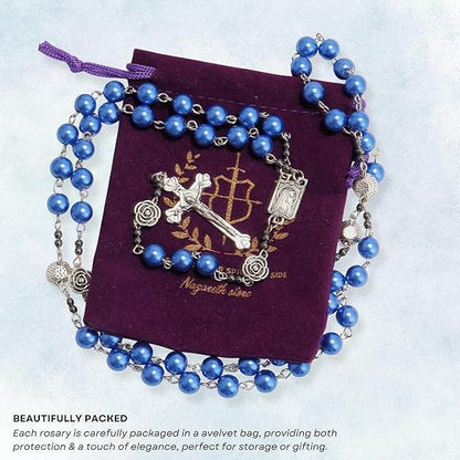 Blue Pearl Beads Rosary Metal Mystery Roses with Hematite Stone Rosary Necklace - Nazareth Store