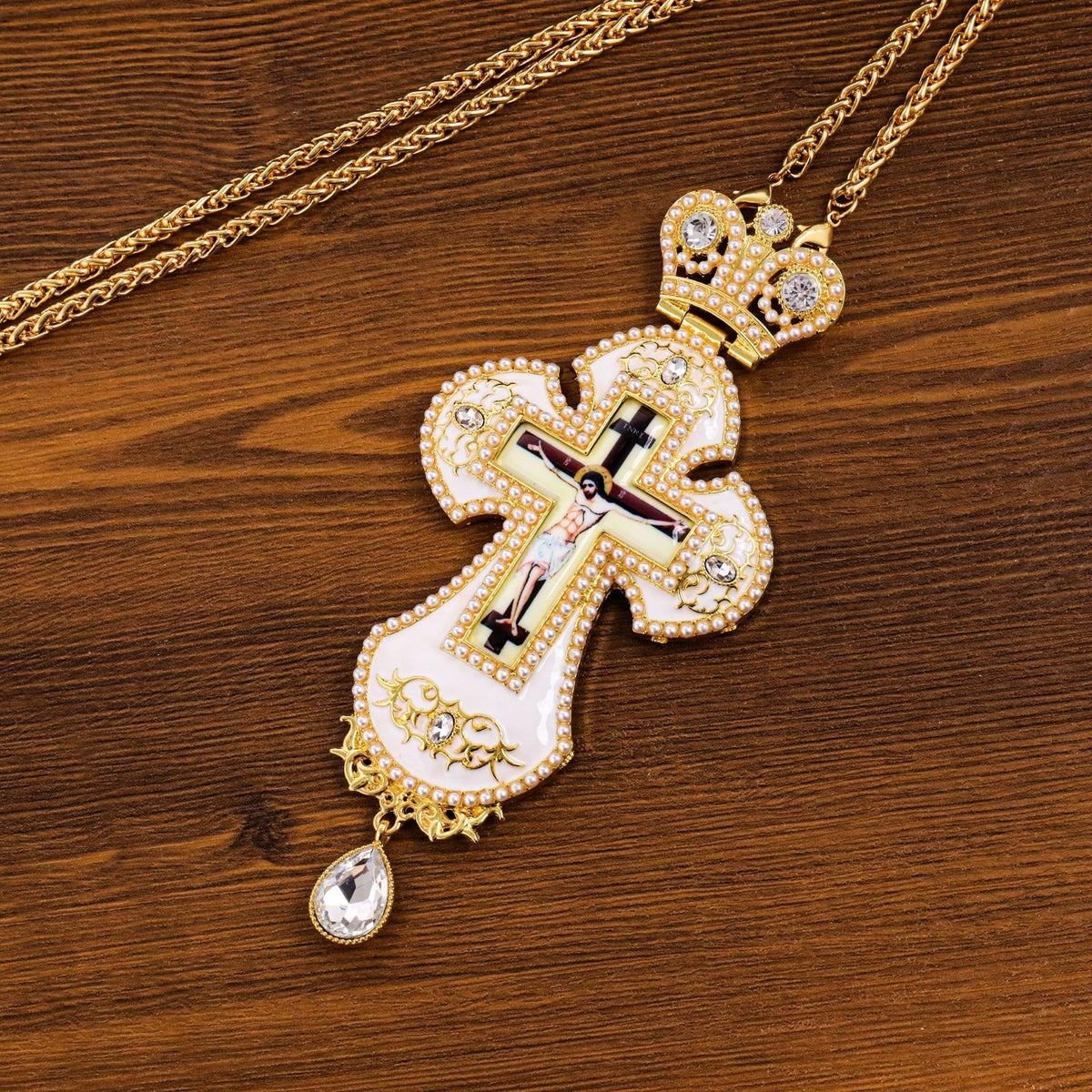White Pearl Cross Pendant Gold Plated Crystal Crucifix Necklace