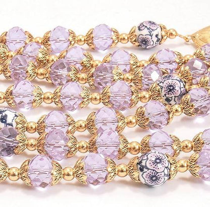 Crystal Beads Gold Flowers Beaded Rosary Necklace Miraculous Heart Locket Medal & Cross - Nazareth Store