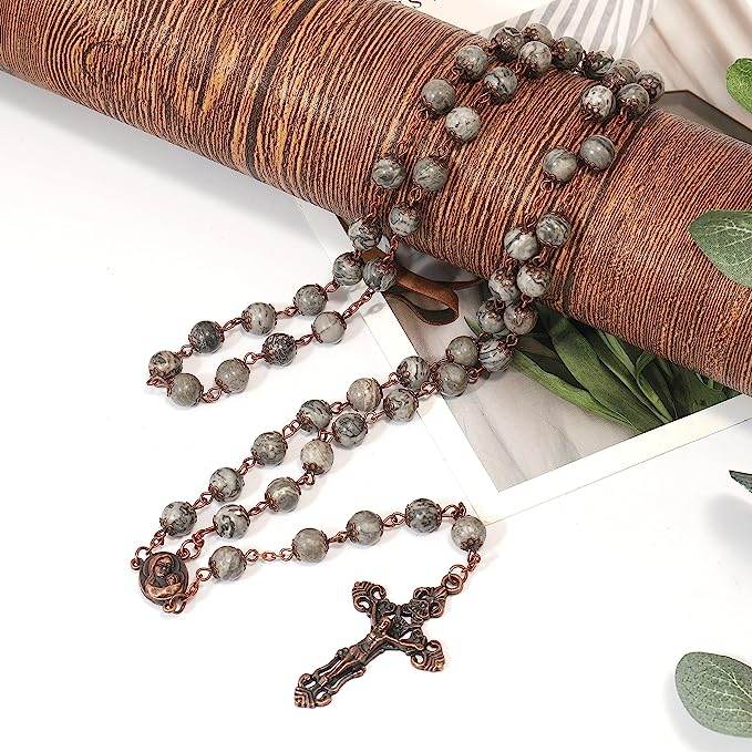 Map Stone Natural Stone Rosary Beads Necklace Holy Soil & Cross Crucifix - Nazareth Store
