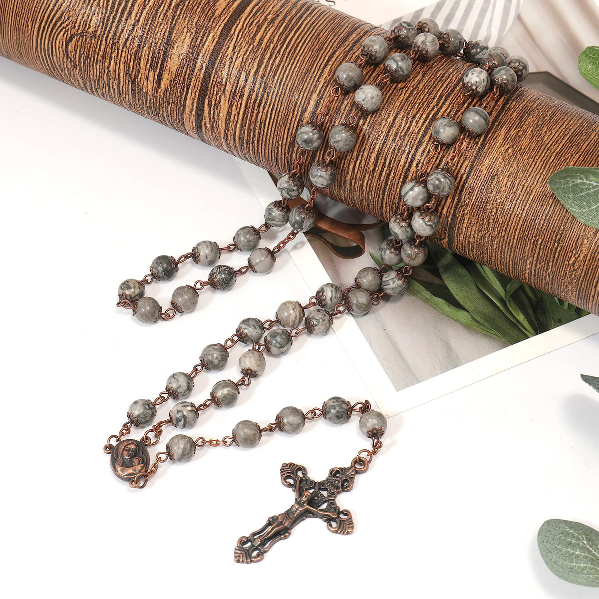 Map Stone Natural Stone Rosary Necklace with Holy Soil Medal & Crucifix Cross - Nazareth Store