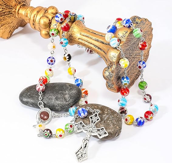 Colorful Murano Glass Rosary Necklace with Holy Soil Medal and Cross Nazareth Store