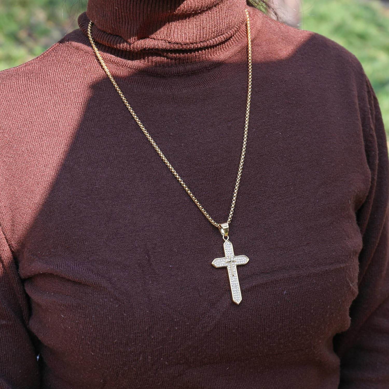 18K Gold Plated Cross Necklace Religious Jewelry Cubic Zirconia Crucifix - Nazareth Store