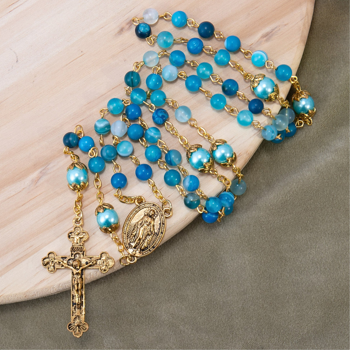Blue Matte Stone Rosary Necklace with Miraculous Medal & Cross - Nazareth Store