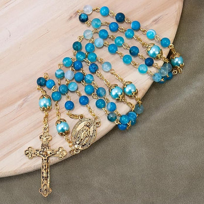 Blue Matte Stone Rosary Necklace with Miraculous Medal & Cross